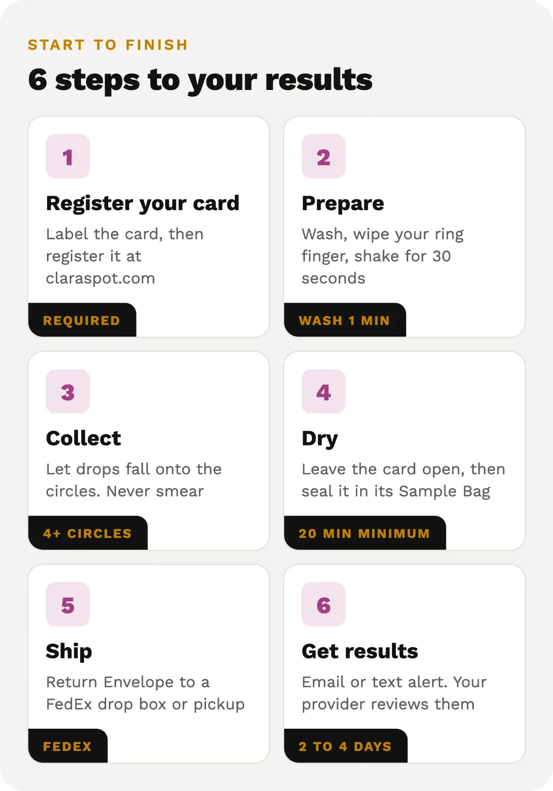 Six steps to your results: 1 register your card, 2 prepare, 3 collect at least 4 circles, 4 dry at least 20 minutes, 5 ship by FedEx, 6 get results in 2 to 4 days.