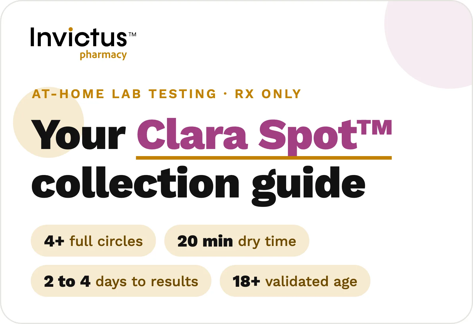 Your Clara Spot collection guide: fill 4 or more full circles, dry at least 20 minutes, results in 2 to 4 days, validated for ages 18 and older.